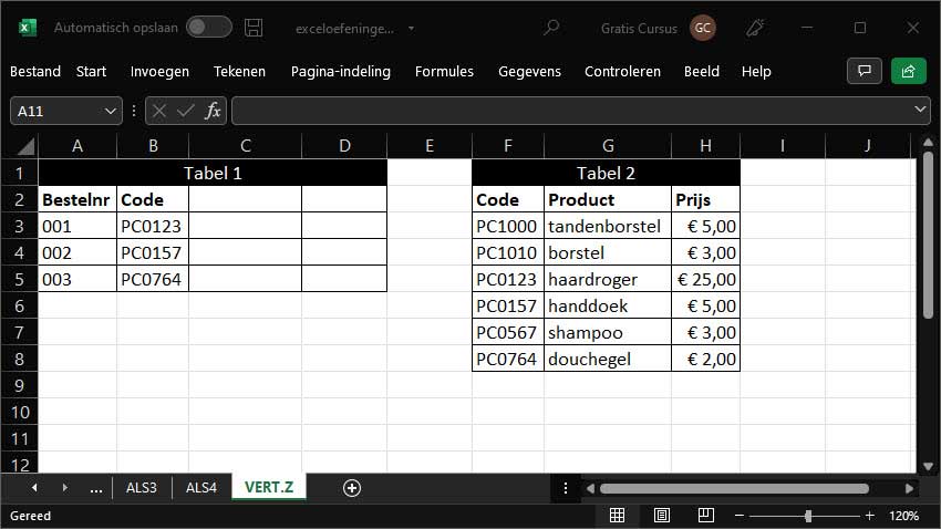 voorbeeld verticaal zoeken in Excel